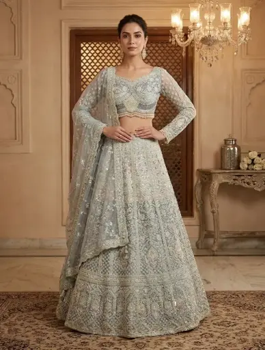 [75442005GT31D2] Powder Blue Hand-Embroidered Net Lehenga Set with Pearl Tassels