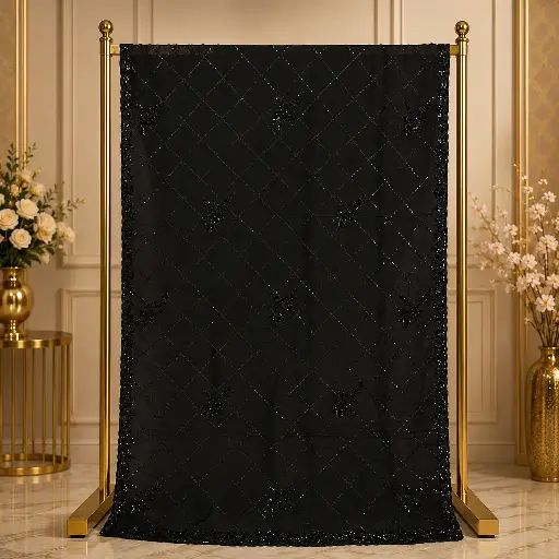 [42317001FM34E0] Elegant Black Net Saree with Sequin Lattice, Floral Motifs and Beaded Border