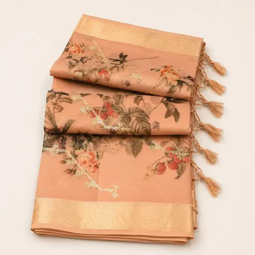 [42317001ZZ0496] Peach Floral Printed Saree with Gold Zari Border, Sequin Work and Tassel Pallu 
