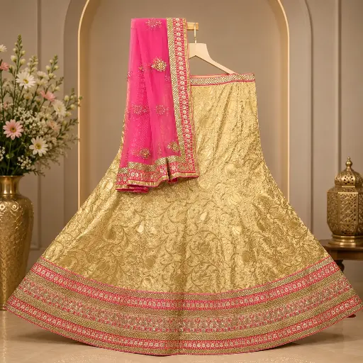 [01022001ZQ4518] Women's Cream Gold Brocade Lehenga Choli with Pink Net Dupatta