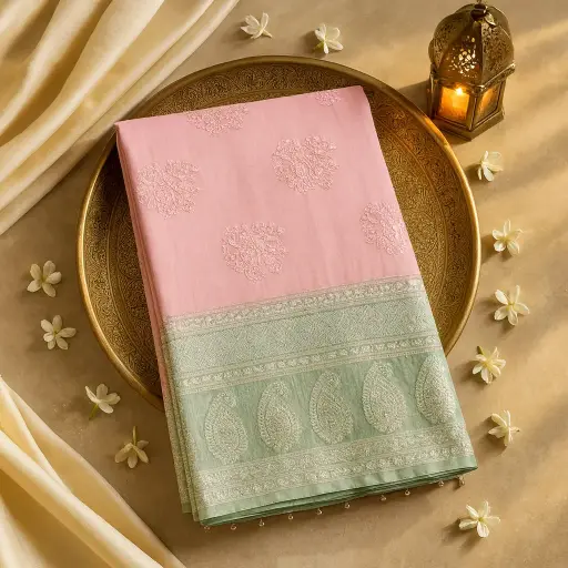 [42417031JQ43A4] Elegant Pink Designer Saree with Ornate Zari Border 