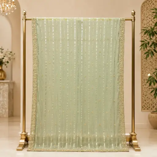 [01617001HJ02B7] Mint Green Embellished Saree with Metallic Stripes and Floral Buti Border