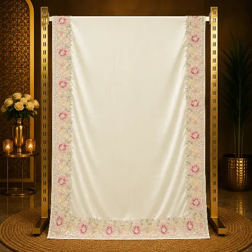 [01617001IJ25A8] Women's Ivory Designer Saree with Pastel Floral Embroidered Border