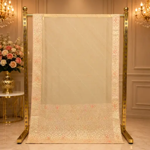 [01613001HI87B7] Elegant Ivory Saree with Shimmer Stripes, Embroidered Border