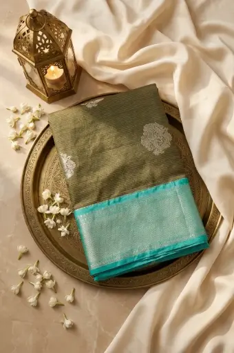 [84909001GH21C9] Olive Green and Sea Green Handloom Silk Zari Saree