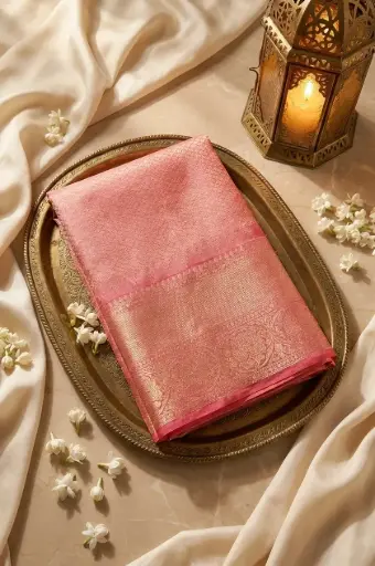 [84909001GH45C9] Coral Pink Pure Kanchipuram Silk Zari Brocade Saree 