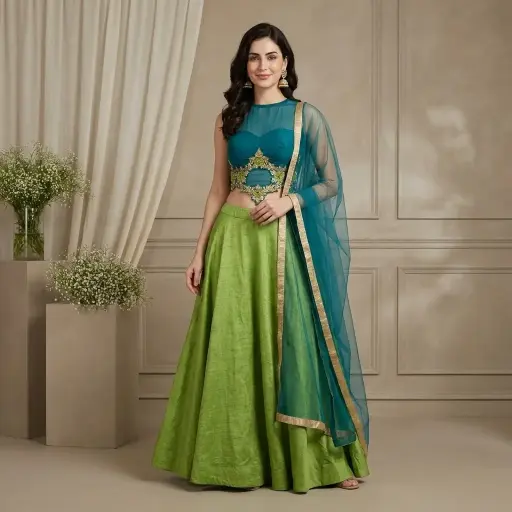 [28418001UR8633] Peacock Blue and Lime Green Embroidered Crop Top Skirt Set