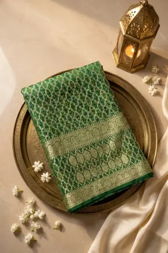 [59812001HK91C4] Emerald Green Pure Georgette Banarasi Bandhani Jangla Saree