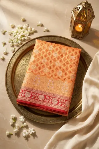 [59812001HZ85C4] Orange Banarasi Bandhani Georgette Saree with Zari Border