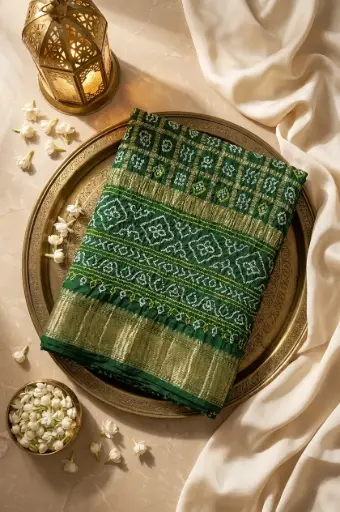 [59812001KA24E2] Emerald Green Gaji Silk Nakshi Chex Bandhani Saree