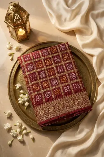 [59812001KA24E5] Maroon Gaji Silk Nakshi Check Bandhani Saree