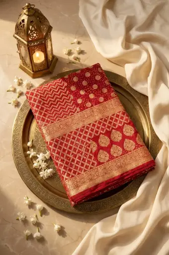 [59812002HK91D8] Crimson Red Banarasi Bandhani Georgette Zari Saree