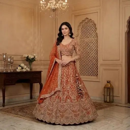 [90818002EL76E6] Rust Orange Embroidered Net and Silk Bridal Lehenga Choli