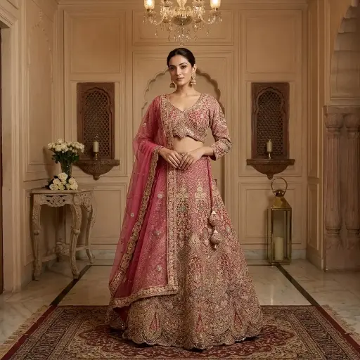 [90818002EL77E6] Rose Pink Embellished Silk Bridal Lehenga Choli Set
