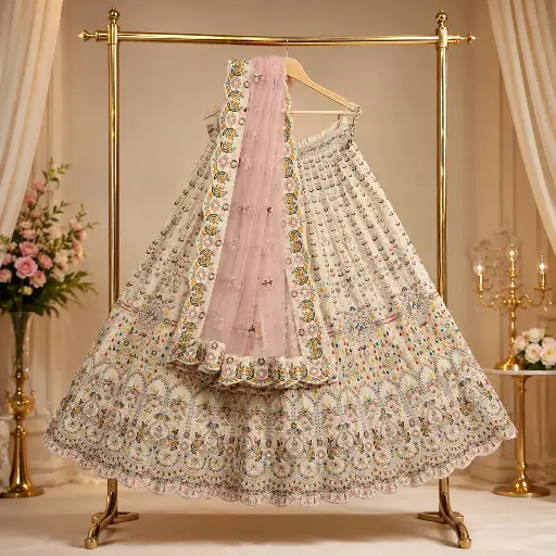 [82418064PK47C2] Women's Ivory Multicolor Embroidered Lehenga Choli with Blush Dupatta