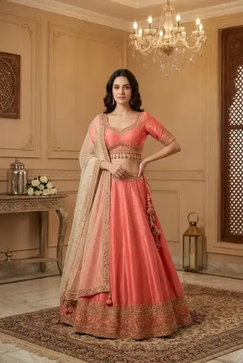 [45418002PC7650] Coral Silk Embroidered Chanya Choli Lehenga Set with Dupatta