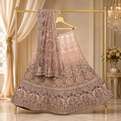 [00718001KW2097] Women's Designer Blush Pink Bridal Lehenga Choli Set with Heavy Embroidery, Sequins and Net Dupatta