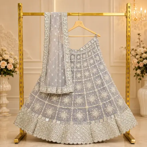 [00718022HQ98C0] Women's Grey Embroidered Lehenga Choli with Matching Dupatta
