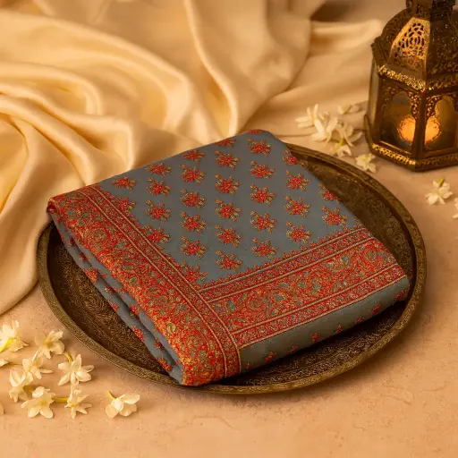 [00717001KW2297] Elegant Grey Embroidered Designer Saree with Floral Motifs