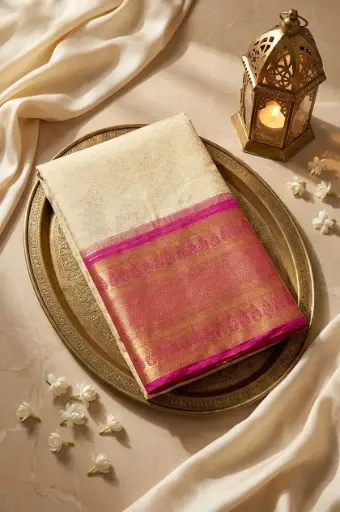 [85609001FT42E1] Cream and Rani Pink Pure Kanchipuram Silk Saree