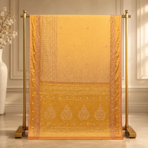 [85609002FT40E7] Women's Mustard Gold Designer Saree with Mirror Embroidery and Ornate Border