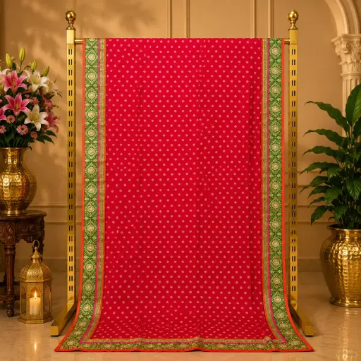[00109001N59302] Women's Red Saree with Silver Buti Motif and Green Embroidered Border