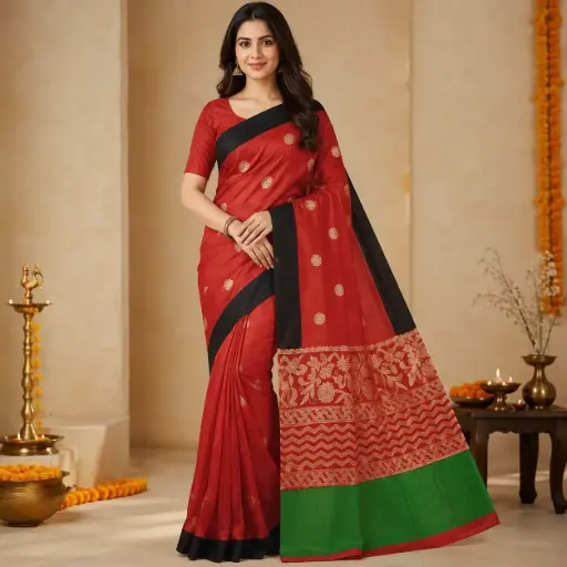[00110001F34501] Red Silk Saree with Black Border, Gold Floral Buti, Green Pallu and Plain Blouse