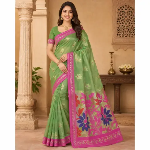 [00109001N64502] Green Floral Woven Saree for Women with Pink Zari Border