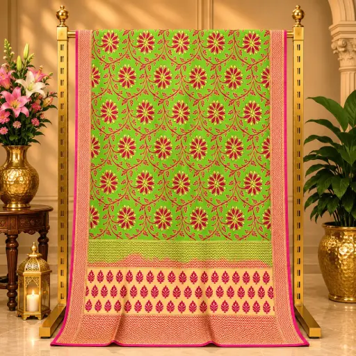 [00109001R62302] Women's Green Saree with Pink Floral Vines, Leaf Pallu and Geometric Border