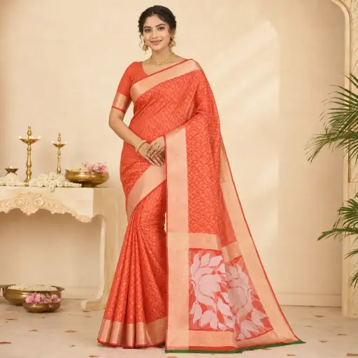 [00109001N83602] Orange Jacquard Saree with Gold Zari Border, Floral Pallu and Plain Blouse