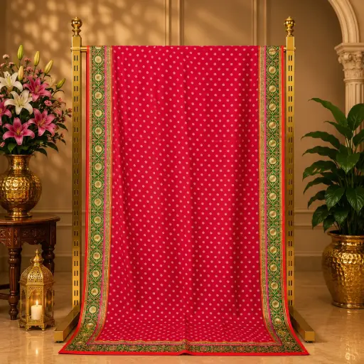 [00117001C42701] Women's Red Saree with Silver Buti Motifs and Green Golden Border