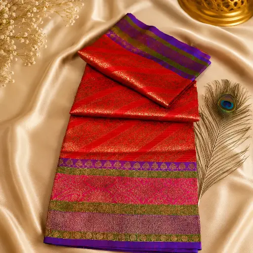 [00109001ZG8469] Elegant Red Banarasi Silk Saree with Purple Border & Gold Zari Weaving