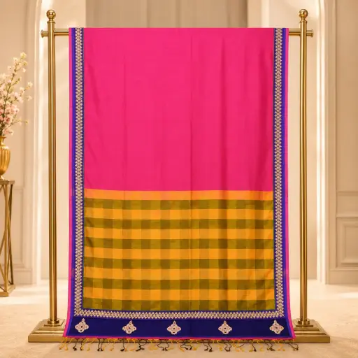 [00110001N82702] Women's Rani Pink Saree with Mustard Checked Pallu and Navy Embroidered Border 