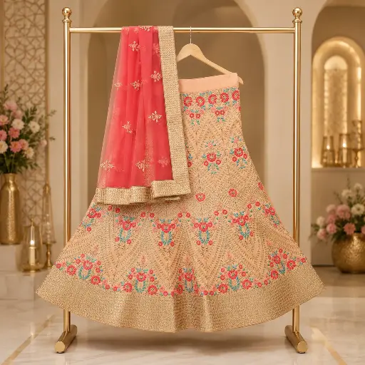 [00821001QC7347] Women's Peach Floral Lehenga Choli with Red Net Dupatta