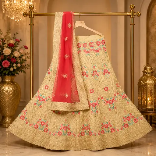 [00821001QC7349] Women's Cream Floral Embroidered Lehenga Choli with Coral Dupatta