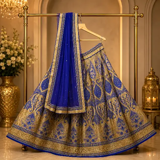 [00821001UC4537] Women's Beige Royal Blue Embroidered Lehenga Choli with Dupatta