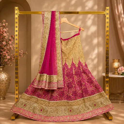 [00821001ZE8618] Women's Gold Lehenga Choli with Magenta Floral Embroidery and Net Dupatta
