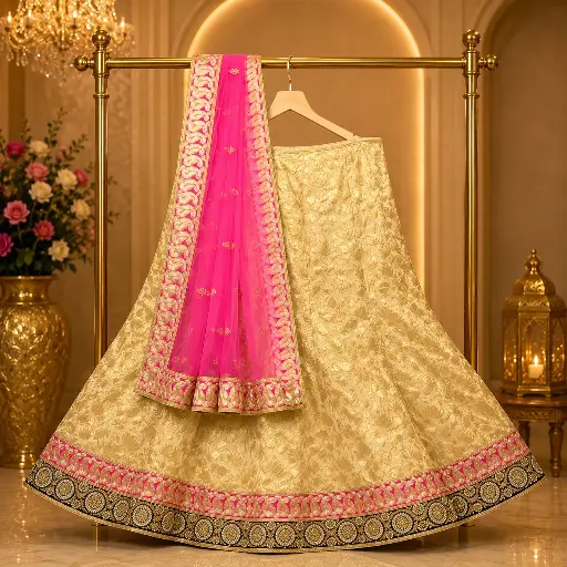 [00821001ZT7426] Womens Golden Beige Floral Jacquard Lehenga Choli with Pink Dupatta