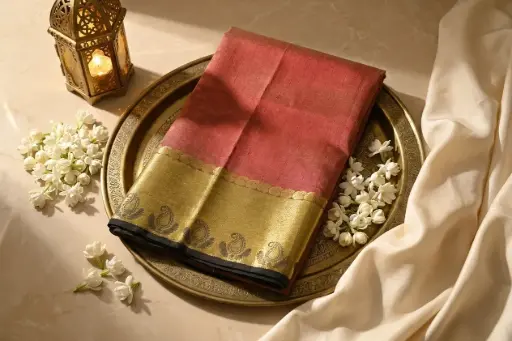 [00816001SD5038] Rust Red Tussar Silk Saree with Zari Paisley Border