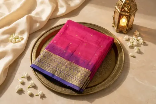 [00809001YX0122] Magenta Pink and Royal Purple Woven Silk Zari Saree