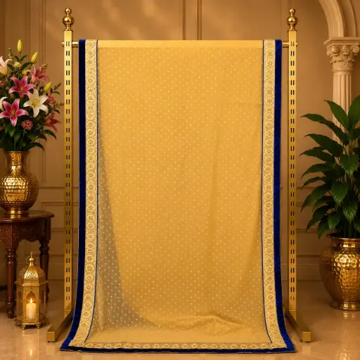 [00817001ZE9818] Women's Cream Saree with Golden Dots and Navy Blue Embroidered Border
