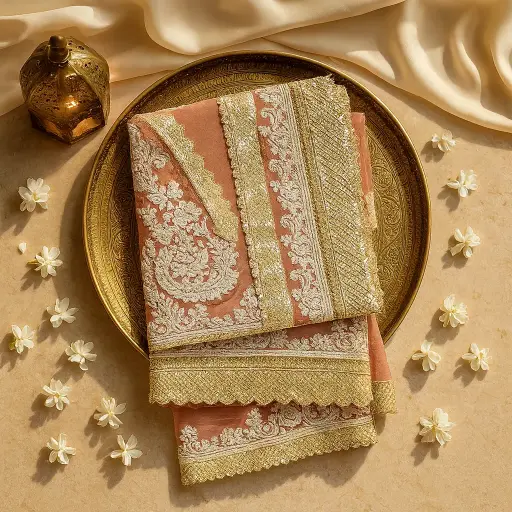 [00817001RV3646] Elegant Peach Shimmer Net Saree with Intricate White Embroidery 