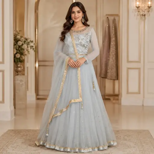 [61825001MW2173] Women's Powder Blue Embroidered Lehenga Choli with Net Dupatta