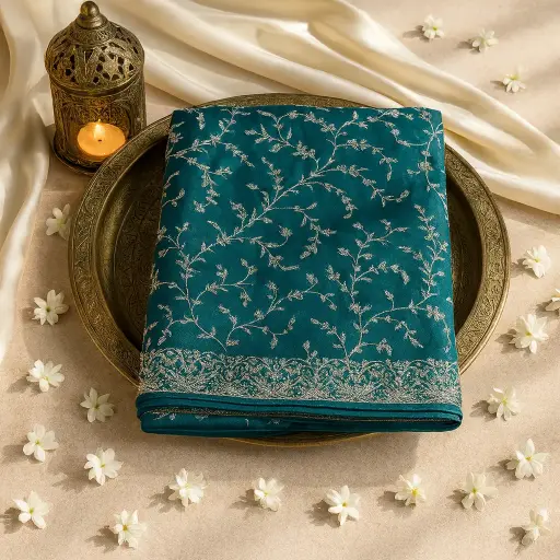 [70317001GD72C8] Exquisite Teal Embellished Saree with Intricate Silver Floral Embroidery