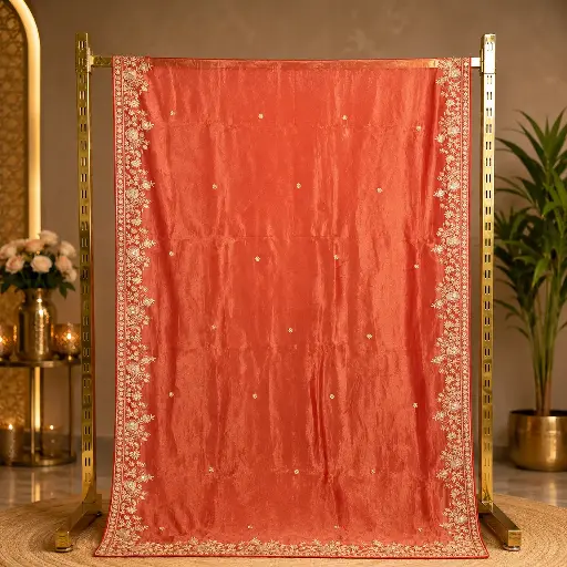 [70313001FL46E0] Women's Coral Peach Designer Saree with Floral Embroidered Border