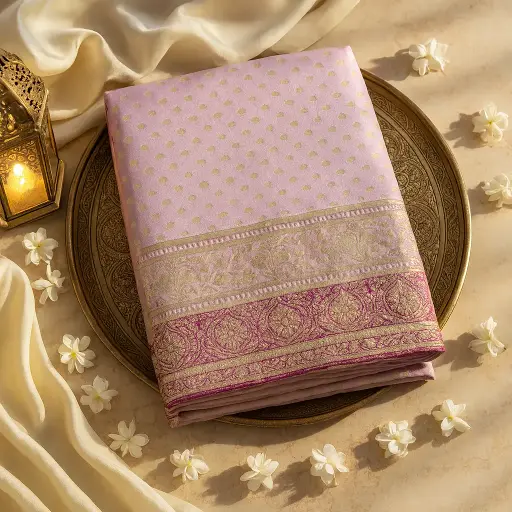 [70313001FL68E0] Luxury Pastel Pink Banarasi Silk Saree with Magenta Border