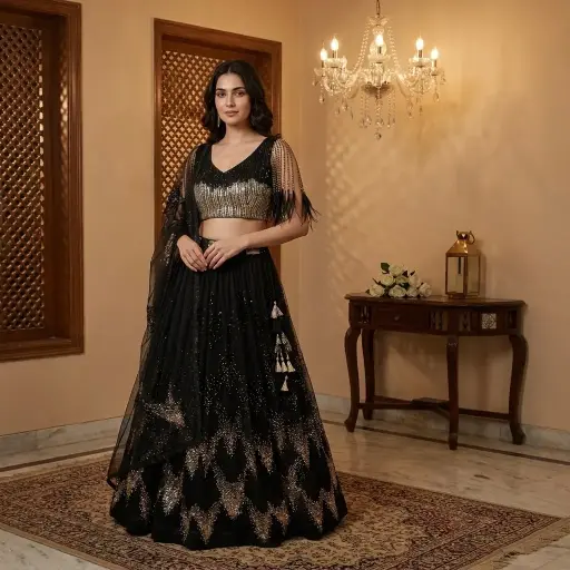 [89618040GW88D3] Midnight Black Sequin Embroidered Net Lehenga Choli Set