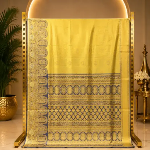 [67109001FT30E1] Elegant Lemon Yellow Woven Saree with Navy Blue Border and Ornate Pallu