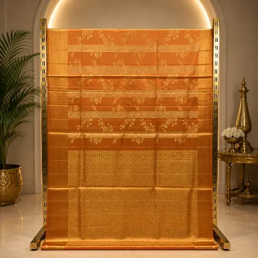 [67109001GS68D2] Elegant Copper Gold Woven Saree with Floral Vine Design and Ornate Pallu