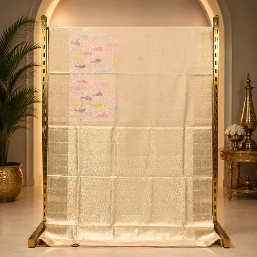 [67109001GS70D2] Elegant Champagne Gold Saree with Pastel Bird Motifs and Ornate Woven Pallu